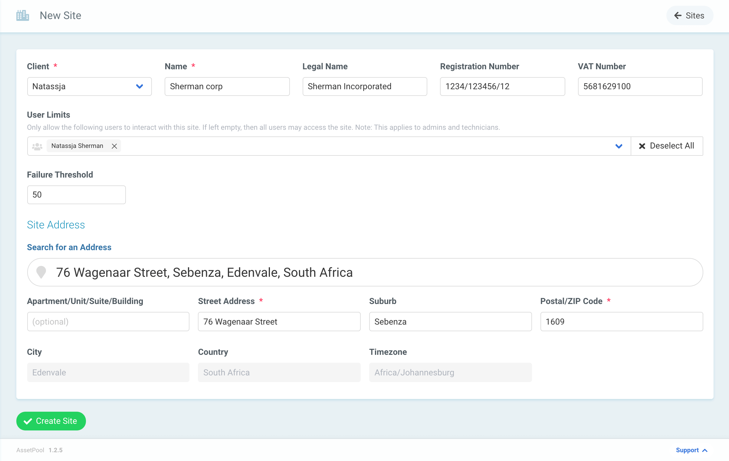 Assetpool Create Site