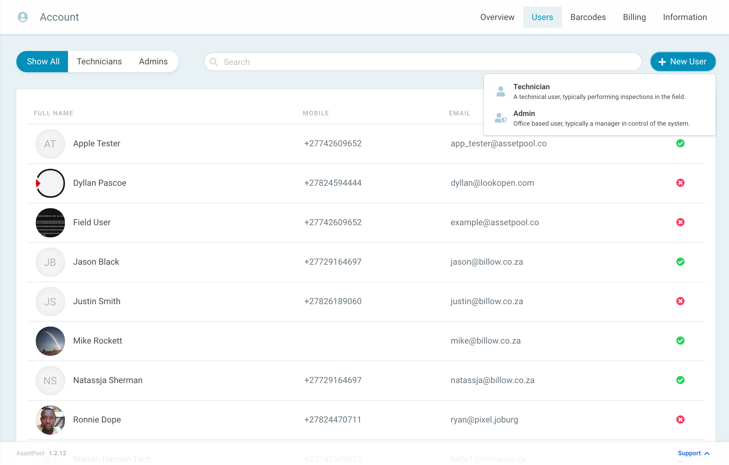 assetpool technician new user