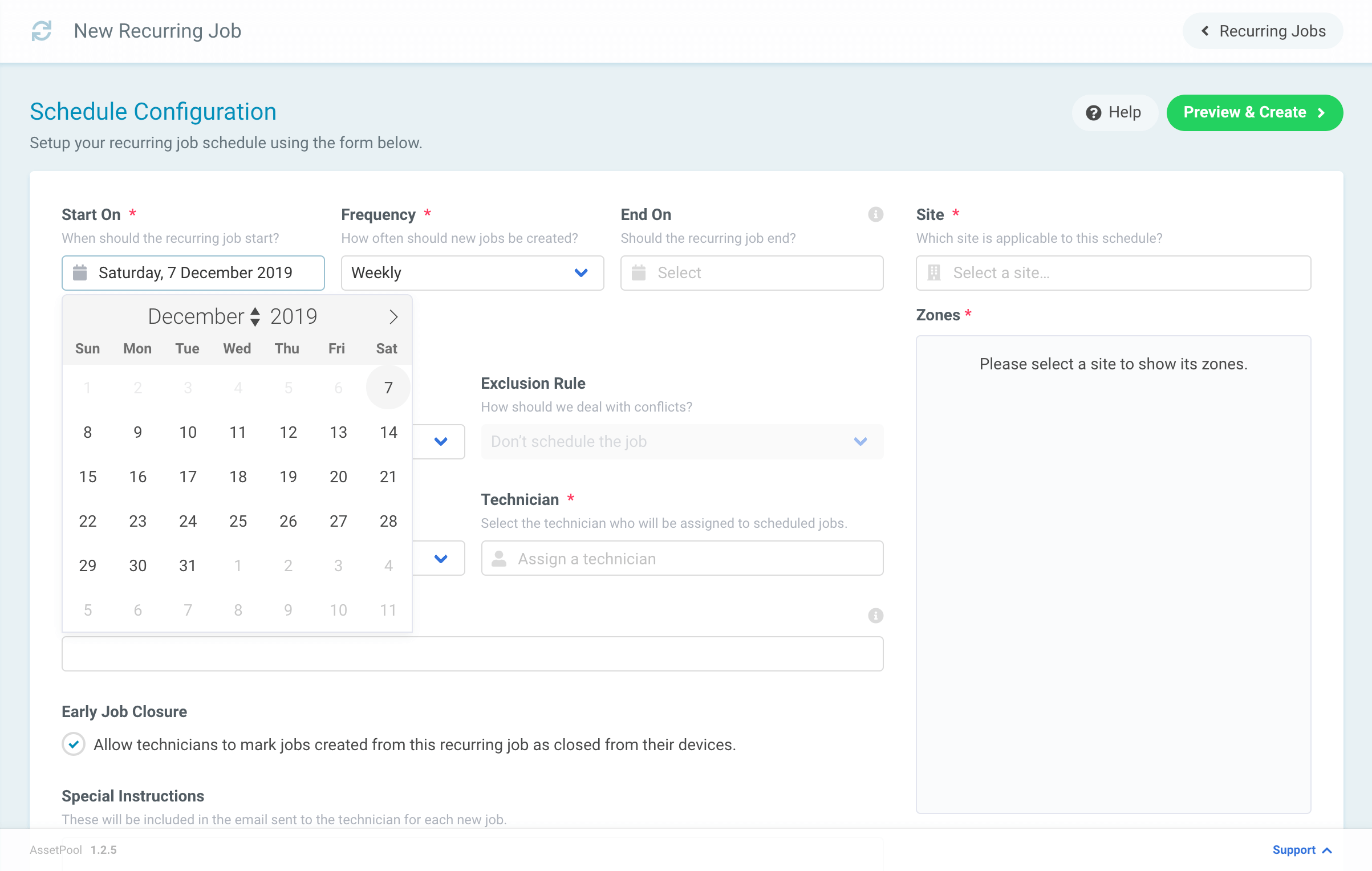 Assetpool Recurring Job Start Date