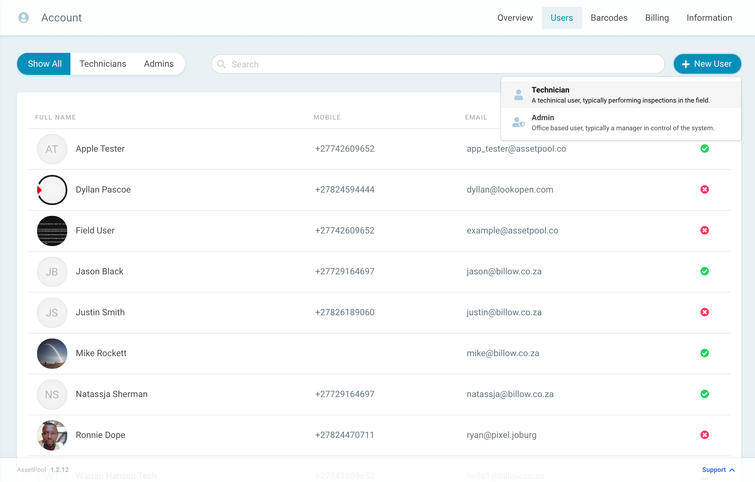 assetpool technician new user
