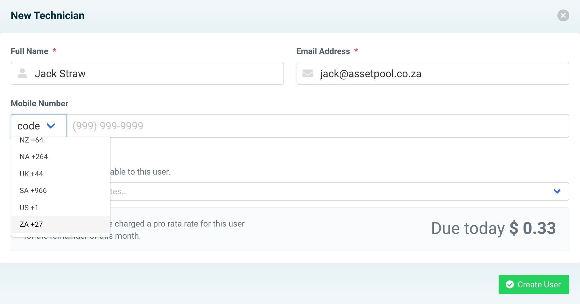 assetpool technician area code